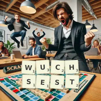 Kreative Illustration für ein Scrabble-Spiel, bei dem das Wort WUCHSEST mit Steinen auf dem Brett gelegt wurde.