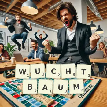 Kreative Illustration für ein Scrabble-Spiel, bei dem das Wort WUCHTBAUM mit Steinen auf dem Brett gelegt wurde.
