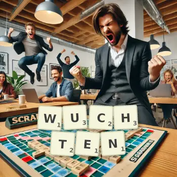 Kreative Illustration für ein Scrabble-Spiel, bei dem das Wort WUCHTEN mit Steinen auf dem Brett gelegt wurde.