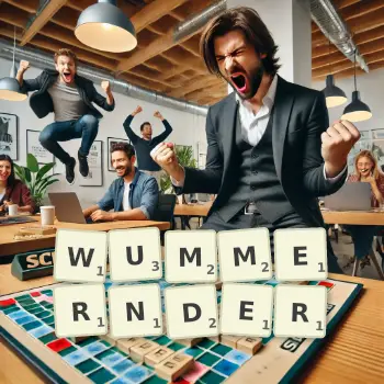 Kreative Illustration für ein Scrabble-Spiel, bei dem das Wort WUMMERNDER mit Steinen auf dem Brett gelegt wurde.