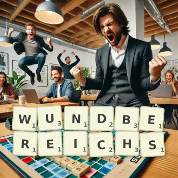 Kreative Illustration für ein Scrabble-Spiel, bei dem das Wort WUNDBEREICHS mit Steinen auf dem Brett gelegt wurde.