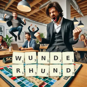 Kreative Illustration für ein Scrabble-Spiel, bei dem das Wort WUNDERHUND mit Steinen auf dem Brett gelegt wurde.