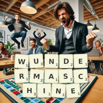 Kreative Illustration für ein Scrabble-Spiel, bei dem das Wort WUNDERMASCHINE mit Steinen auf dem Brett gelegt wurde.