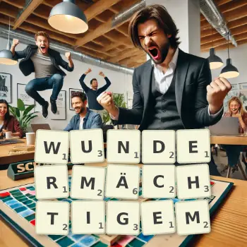 Kreative Illustration für ein Scrabble-Spiel, bei dem das Wort WUNDERMÄCHTIGEM mit Steinen auf dem Brett gelegt wurde.