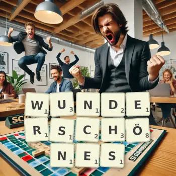 Kreative Illustration für ein Scrabble-Spiel, bei dem das Wort WUNDERSCHÖNES mit Steinen auf dem Brett gelegt wurde.