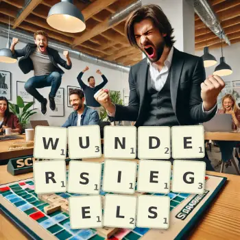 Kreative Illustration für ein Scrabble-Spiel, bei dem das Wort WUNDERSIEGELS mit Steinen auf dem Brett gelegt wurde.