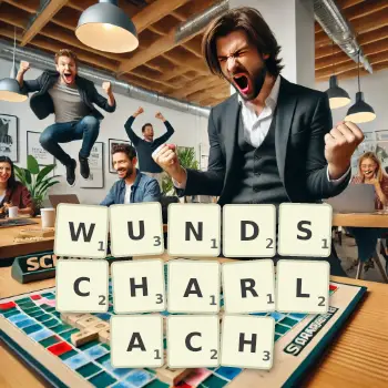 Kreative Illustration für ein Scrabble-Spiel, bei dem das Wort WUNDSCHARLACH mit Steinen auf dem Brett gelegt wurde.