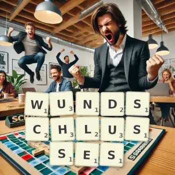 Kreative Illustration für ein Scrabble-Spiel, bei dem das Wort WUNDSCHLUSSES mit Steinen auf dem Brett gelegt wurde.