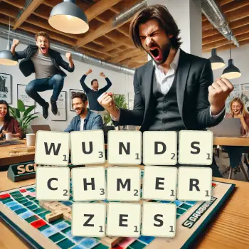 Kreative Illustration für ein Scrabble-Spiel, bei dem das Wort WUNDSCHMERZES mit Steinen auf dem Brett gelegt wurde.