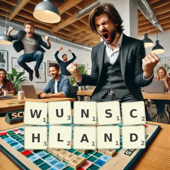 Kreative Illustration für ein Scrabble-Spiel, bei dem das Wort WUNSCHLAND mit Steinen auf dem Brett gelegt wurde.