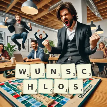 Kreative Illustration für ein Scrabble-Spiel, bei dem das Wort WUNSCHLOS mit Steinen auf dem Brett gelegt wurde.