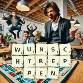 Kreative Illustration für ein Scrabble-Spiel, bei dem das Wort WUNSCHTREPPEN mit Steinen auf dem Brett gelegt wurde.