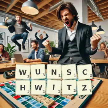 Kreative Illustration für ein Scrabble-Spiel, bei dem das Wort WUNSCHWITZ mit Steinen auf dem Brett gelegt wurde.