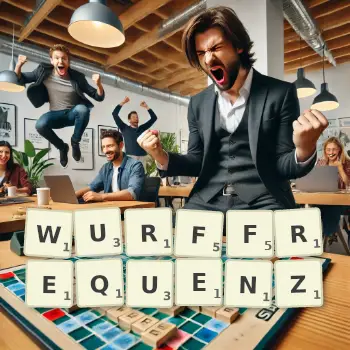 Kreative Illustration für ein Scrabble-Spiel, bei dem das Wort WURFFREQUENZ mit Steinen auf dem Brett gelegt wurde.