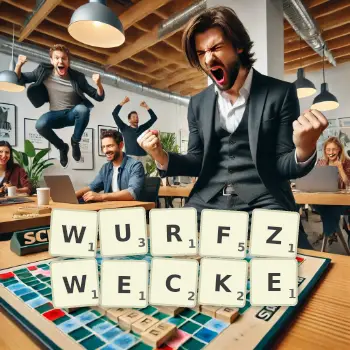 Kreative Illustration für ein Scrabble-Spiel, bei dem das Wort WURFZWECKE mit Steinen auf dem Brett gelegt wurde.