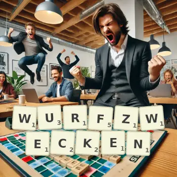 Kreative Illustration für ein Scrabble-Spiel, bei dem das Wort WURFZWECKEN mit Steinen auf dem Brett gelegt wurde.
