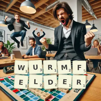 Kreative Illustration für ein Scrabble-Spiel, bei dem das Wort WURMFELDER mit Steinen auf dem Brett gelegt wurde.