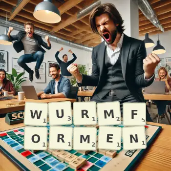 Kreative Illustration für ein Scrabble-Spiel, bei dem das Wort WURMFORMEN mit Steinen auf dem Brett gelegt wurde.