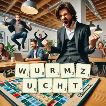 Kreative Illustration für ein Scrabble-Spiel, bei dem das Wort WURMZUCHT mit Steinen auf dem Brett gelegt wurde.