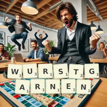 Kreative Illustration für ein Scrabble-Spiel, bei dem das Wort WURSTGARNEN mit Steinen auf dem Brett gelegt wurde.