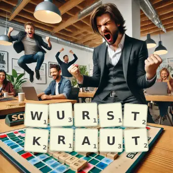 Kreative Illustration für ein Scrabble-Spiel, bei dem das Wort WURSTKRAUT mit Steinen auf dem Brett gelegt wurde.