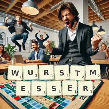 Kreative Illustration für ein Scrabble-Spiel, bei dem das Wort WURSTMESSER mit Steinen auf dem Brett gelegt wurde.