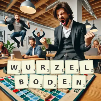 Kreative Illustration für ein Scrabble-Spiel, bei dem das Wort WURZELBODEN mit Steinen auf dem Brett gelegt wurde.