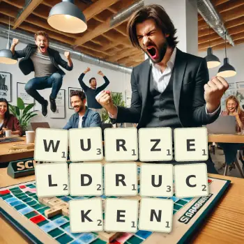 Kreative Illustration für ein Scrabble-Spiel, bei dem das Wort WURZELDRUCKEN mit Steinen auf dem Brett gelegt wurde.