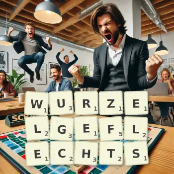 Kreative Illustration für ein Scrabble-Spiel, bei dem das Wort WURZELGEFLECHTS mit Steinen auf dem Brett gelegt wurde.
