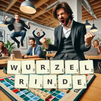 Kreative Illustration für ein Scrabble-Spiel, bei dem das Wort WURZELRINDE mit Steinen auf dem Brett gelegt wurde.