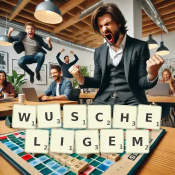 Kreative Illustration für ein Scrabble-Spiel, bei dem das Wort WUSCHELIGEM mit Steinen auf dem Brett gelegt wurde.