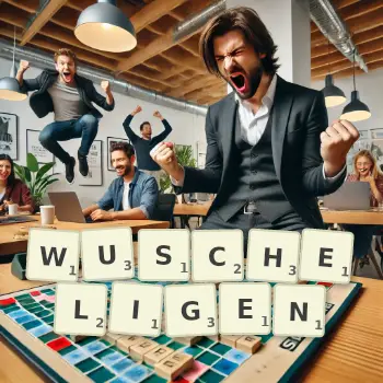 Kreative Illustration für ein Scrabble-Spiel, bei dem das Wort WUSCHELIGEN mit Steinen auf dem Brett gelegt wurde.