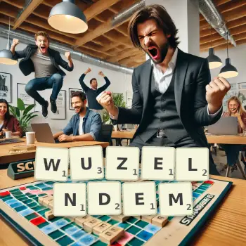 Kreative Illustration für ein Scrabble-Spiel, bei dem das Wort WUZELNDEM mit Steinen auf dem Brett gelegt wurde.