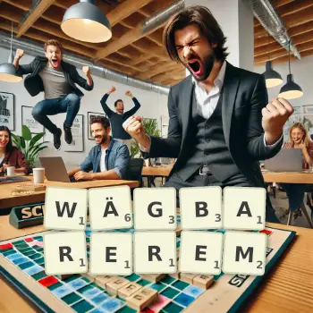 Kreative Illustration für ein Scrabble-Spiel, bei dem das Wort WÄGBAREREM mit Steinen auf dem Brett gelegt wurde.