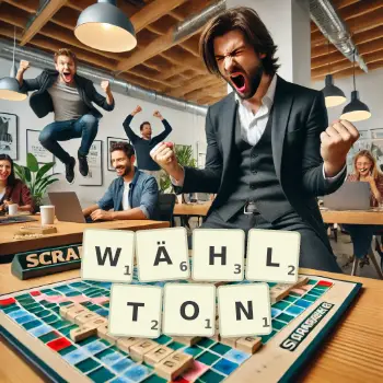 Kreative Illustration für ein Scrabble-Spiel, bei dem das Wort WÄHLTON mit Steinen auf dem Brett gelegt wurde.