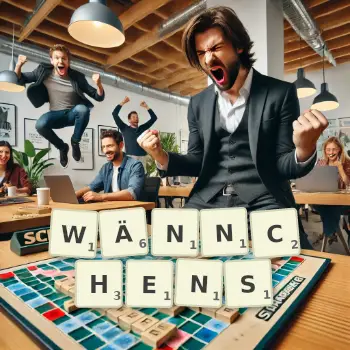 Kreative Illustration für ein Scrabble-Spiel, bei dem das Wort WÄNNCHENS mit Steinen auf dem Brett gelegt wurde.