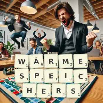 Kreative Illustration für ein Scrabble-Spiel, bei dem das Wort WÄRMESPEICHERS mit Steinen auf dem Brett gelegt wurde.