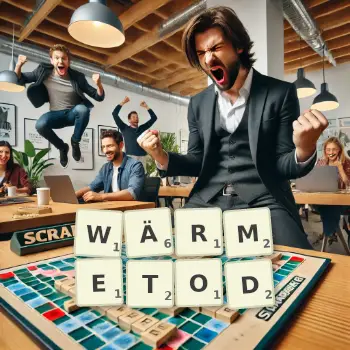 Kreative Illustration für ein Scrabble-Spiel, bei dem das Wort WÄRMETOD mit Steinen auf dem Brett gelegt wurde.