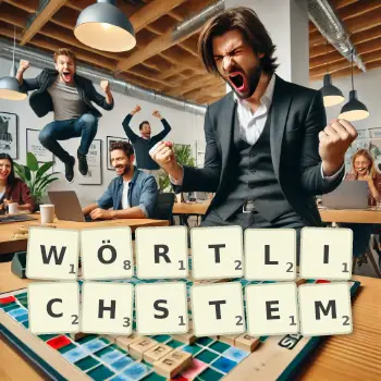 Kreative Illustration für ein Scrabble-Spiel, bei dem das Wort WÖRTLICHSTEM mit Steinen auf dem Brett gelegt wurde.