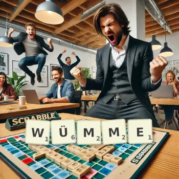 Kreative Illustration für ein Scrabble-Spiel, bei dem das Wort WÜMME mit Steinen auf dem Brett gelegt wurde.