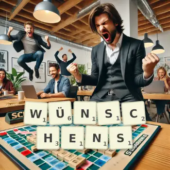 Kreative Illustration für ein Scrabble-Spiel, bei dem das Wort WÜNSCHENS mit Steinen auf dem Brett gelegt wurde.
