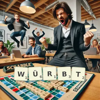 Kreative Illustration für ein Scrabble-Spiel, bei dem das Wort WÜRBT mit Steinen auf dem Brett gelegt wurde.