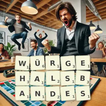 Kreative Illustration für ein Scrabble-Spiel, bei dem das Wort WÜRGEHALSBANDES mit Steinen auf dem Brett gelegt wurde.