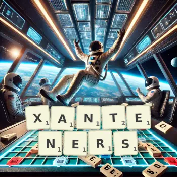 Kreative Illustration für ein Scrabble-Spiel, bei dem das Wort XANTENERS mit Steinen auf dem Brett gelegt wurde.