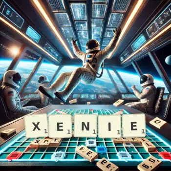 Kreative Illustration für ein Scrabble-Spiel, bei dem das Wort XENIE mit Steinen auf dem Brett gelegt wurde.