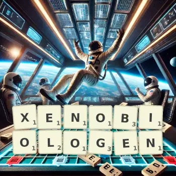 Kreative Illustration für ein Scrabble-Spiel, bei dem das Wort XENOBIOLOGEN mit Steinen auf dem Brett gelegt wurde.