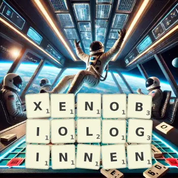 Kreative Illustration für ein Scrabble-Spiel, bei dem das Wort XENOBIOLOGINNEN mit Steinen auf dem Brett gelegt wurde.