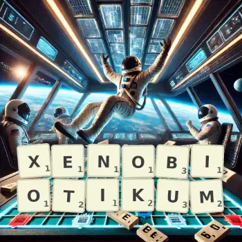 Kreative Illustration für ein Scrabble-Spiel, bei dem das Wort XENOBIOTIKUM mit Steinen auf dem Brett gelegt wurde.