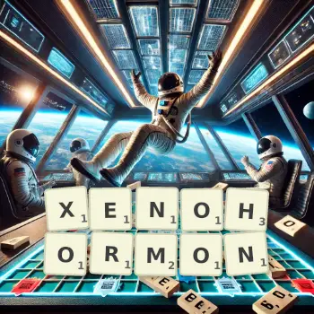 Kreative Illustration für ein Scrabble-Spiel, bei dem das Wort XENOHORMON mit Steinen auf dem Brett gelegt wurde.