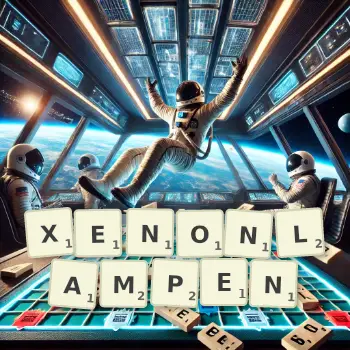 Kreative Illustration für ein Scrabble-Spiel, bei dem das Wort XENONLAMPEN mit Steinen auf dem Brett gelegt wurde.